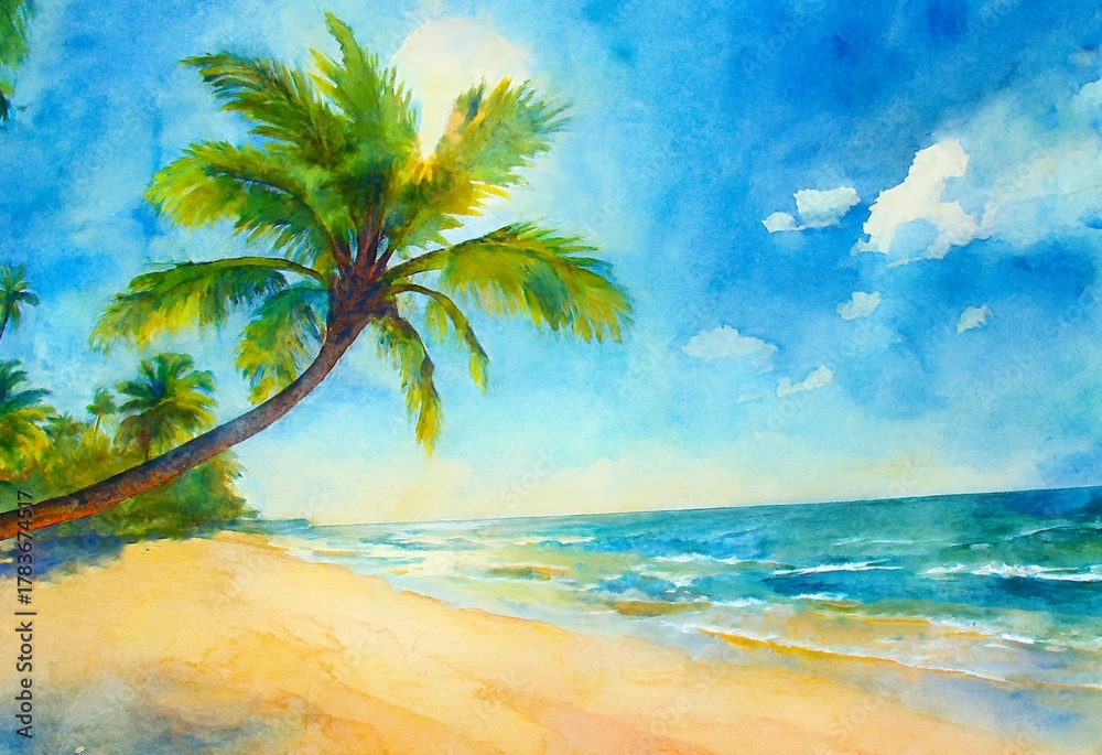 Fototapeta premium Watercolor painting of a tropical beach with palm tree