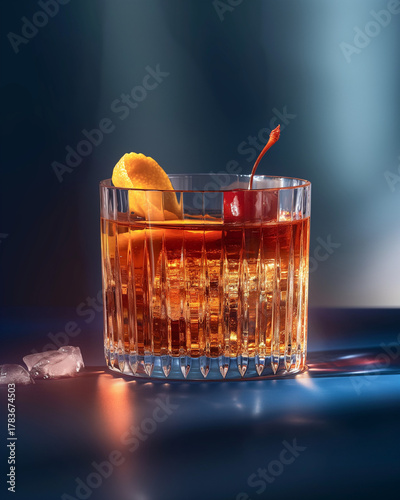Classic whiskey glass with ice cubes and straw, stylish bar drink with dramatic lighting and reflections