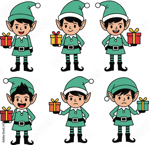 Cute Cartoon Christmas Elf Character Vector Set Holding Gift Boxes Smiling Happy Angry Expressions for Holiday Season Festive Celebration Winter Greeting Present Delivery Worker Isolated Icon Design 