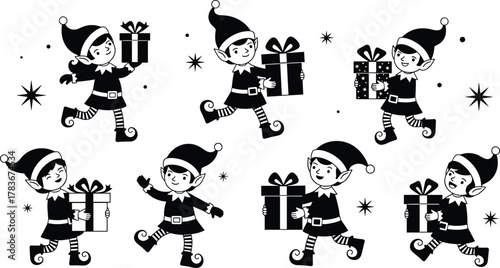 Cute Black and White Christmas Elves Vector Set: Santa's Little Helpers Carrying Presents, Running, and Dancing, Perfect for Holiday Card Design and New Year Celebration Art.