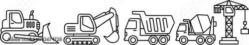 Essential Heavy Duty Construction Machinery Vehicles Icons Collection Set for Building Infrastructure Projects Including Bulldozer Excavator Dump Truck Cement Mixer Crane Equipment Black White
