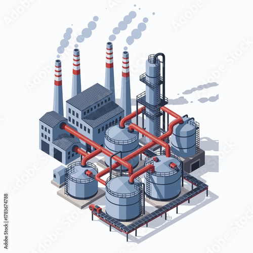 Industrial Factory Complex with Smokestacks and Tanks.