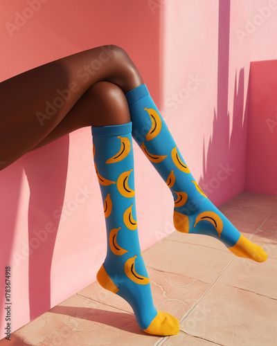 Colorful banana pattern socks legs pink purple background fashion style trendy fun playful clothing accessories lifestyle creative quirky