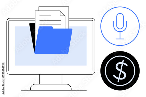 Desktop screen displaying open folder with documents alongside microphone and dollar sign icons. Ideal for file storage, finance, data organization, recording, digital tools, office work, simple flat