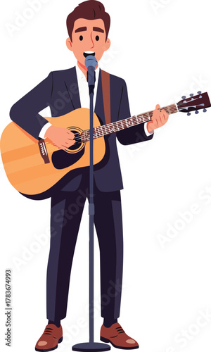 Vector artwork depicting a talented male musician entertaining an audience