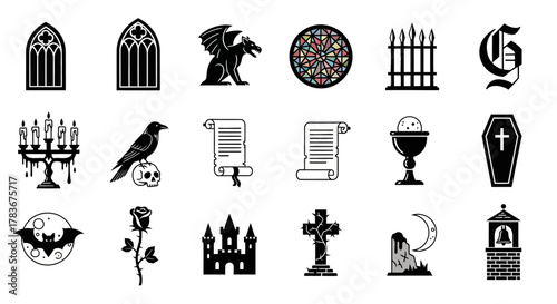 Gothic symbol collection with arched windows, dragon, stained glass, raven, rose and candleholder