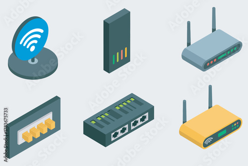 Collection of isometric network devices including wireless routers and switches