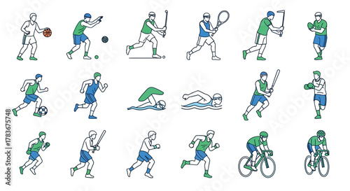 Diverse athletic pursuits depicted in dynamic minimalist line drawings vector graphics