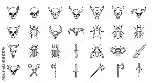 Dark and macabre assortment of symbolic line art illustration featuring skulls and insects