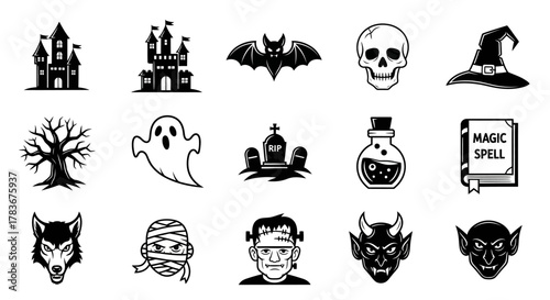 Spooky Halloween Vector Icons: A Collection of Classic and Creepy Elements like skull, ghost, bat