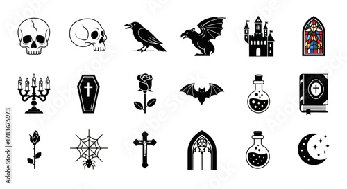 Collection of stylized gothic horror icons featuring skulls, ravens, bats and other spooky designs