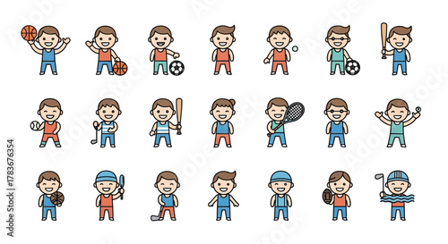 Collection of diverse cartoon characters participating in different sports activities illustration
