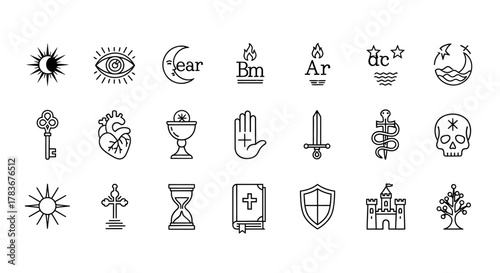 Mystical symbols vector set, esoteric, spiritual signs, occultism vector illustrations, linear