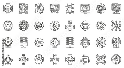 Collection of outline icons representing computer networks and electronic components in vector