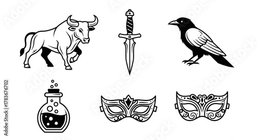 Mystical elements collection featuring bull dagger raven potion and ornate masks artwork