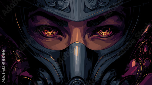 Ninja Warrior Robot Face Vector Illustration. Game Design Concept