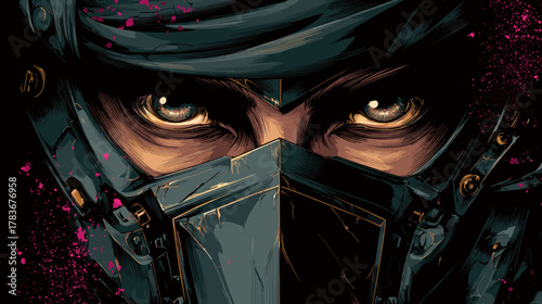 Ninja Warrior Robot Face Vector Illustration. Game Design Concept