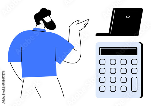 Man gesturing while assessing data represented by a laptop and calculator. Ideal for business planning, finance, accounting, analysis, budgeting, strategy, and education. A simple flat metaphor