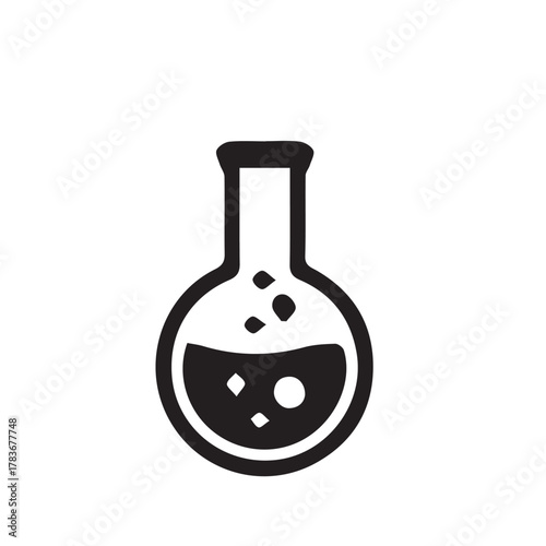 A graphic illustration of a laboratory flask containing bubbling liquid, symbolizing science and experimentation