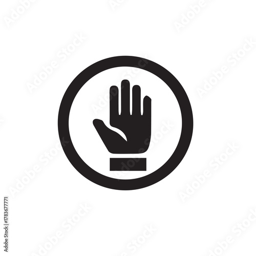 A black and white icon featuring an open hand gesture inside a circular border, symbolizing stopping, warning, or holding