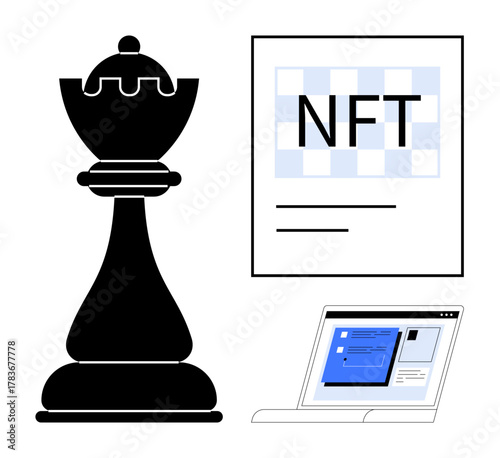 Chess king piece next to NFT document and open laptop screen. Ideal for blockchain, digital assets, strategy, intellectual property, innovation, creativity, decision-making. Simple flat metaphor