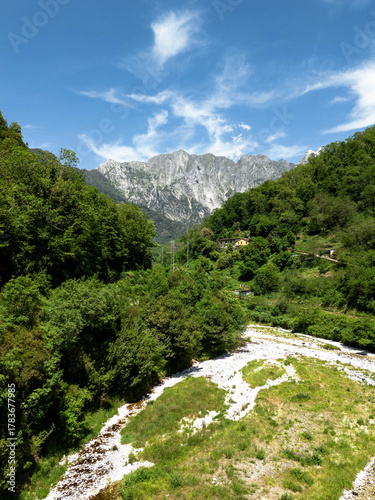 Mountain Valley and Stream near Malbacco in the Apuan Alps, Tuscany, Italy