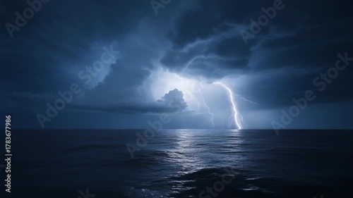 Dramatic Ocean Storm Lightning Strike Dark Clouds Over Water Reflecting Light Power of Nature Epic Weather Event