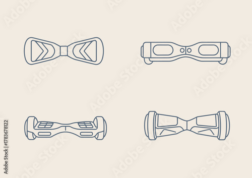 An image showcasing four minimalist hoverboard designs, each with unique features, representing the latest trends in personal transportation and tech innovation.