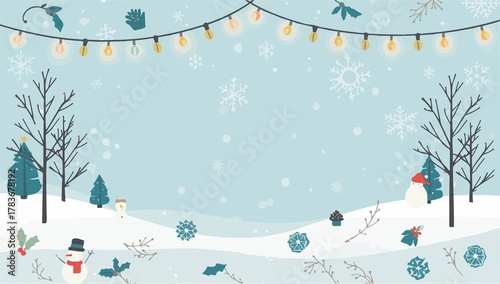  template featuring a serene winter holidays background with a flat design style, incorporating gentle snowflakes, bare trees, and warm festive lights With png Transparent 