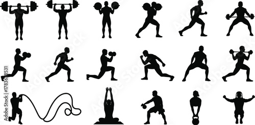 Silhouette fitness workout poses, strength training exercises, gym workout illustration, barbell dumbbell kettlebell movements, cardio stretching flexibility, bodybuilding conditioning icons