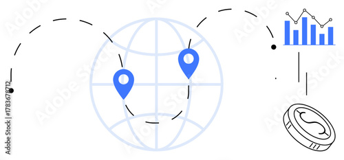 Blue location markers on a globe, dotted paths, financial coin, and bar graph. Ideal for business, global network, communication, finance analytics technology economy. Simplistic flat metaphor