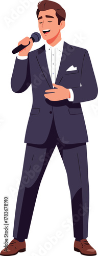 Digital illustration of a confident man with a slicked-back hairstyle, demonstrating the emotional delivery of a song while standing at a microphone