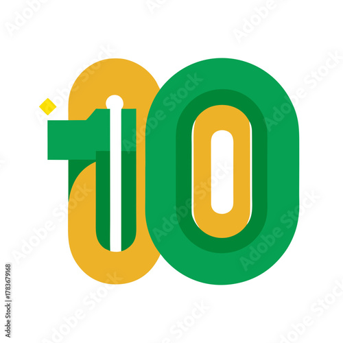 Stylized numeral 10 icon. flat design green and gold digital symbol