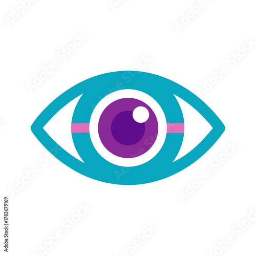 Vibrant flat design eye icon featuring purple iris and teal eyelid