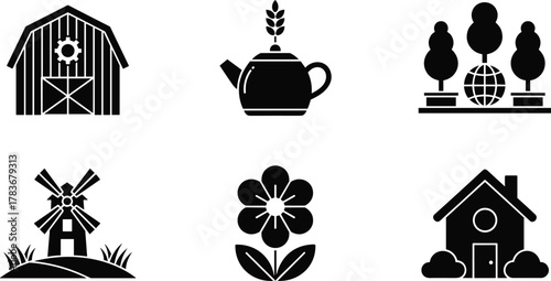 Rural agriculture icons, eco farming symbols, renewable energy silhouettes, sustainable lifestyle graphics, nature conservation, countryside living, organic farming, green environment