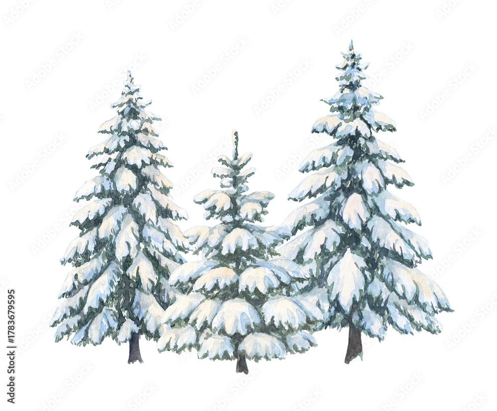 Obraz premium Watercolor snow-covered evergreen trees, snowy Christmas tree, winter forest