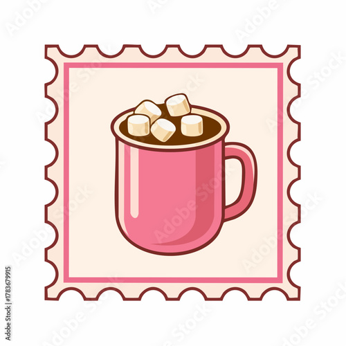 Cozy Cocoa Stamp: A whimsical postage stamp showcases a delightful mug of hot cocoa, generously topped with fluffy marshmallows, invoking warmth and comfort.