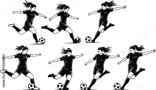 Soccer player kicking ball, football athlete action pose, sports training illustration, dynamic movement, athletic performance, competitive game, fitness, teamwork, energy
