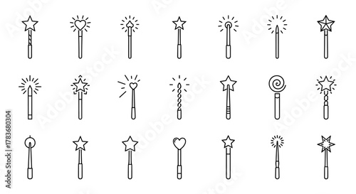 Collection of simple linear magic wand outline icons, featuring stars, hearts, and swirls, with editable strokes, perfect for web, books, cards, and apps, presented as a cartoon vector illustration