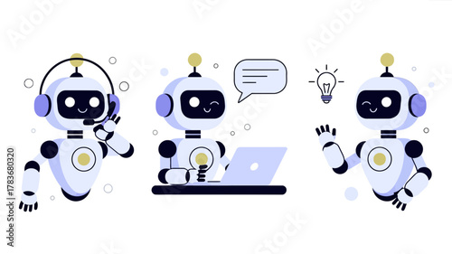 Three friendly cartoon robots illustrating different aspects of artificial intelligence and technology with icons representing communication and innovation