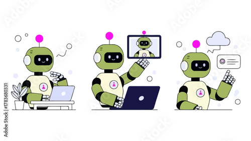 Three cartoon robots engaged in different technological activities including working on laptops video conferencing and cloud computing with a modern aesthetic