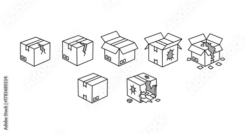 Set of minimalistic thin line icons representing damaged and broken cardboard boxes in various states of disrepair, suitable for web, graphic design, apps, banners, social networks, and cards. This