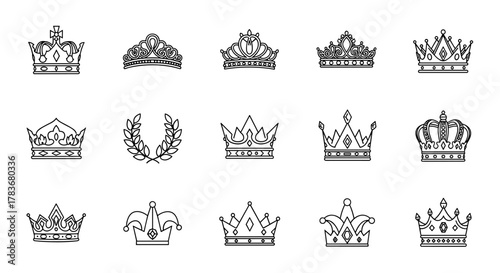 Collection of fifteen diverse crown and royal emblem line icons, including regal crowns, tiaras, and a laurel wreath, presented as clean outline vector graphics perfect for graphic design, web