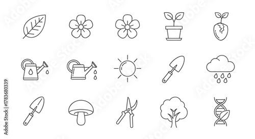 Botany Line Icon Set: A collection of editable stroke vector illustrations featuring gardening tools, plants, weather elements, and scientific symbols like DNA, perfect for nature and science-themed