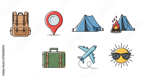Collection of travel and vacation-related icons including a backpack, map pin, camping tent with campfire, suitcase, airplane, and a sun wearing sunglasses, perfect for infographics, articles, books