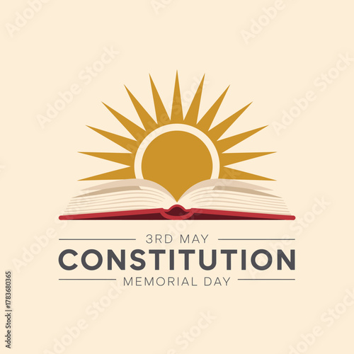 This illustrative design showcases an open book radiating sun rays, paying tribute to the Constitution and promoting values of justice and democracy on Memorial Day.