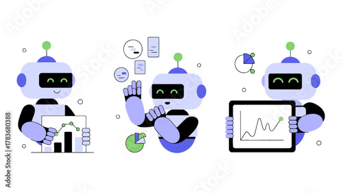 Three friendly cartoon robots demonstrating different functions including data analysis communication and e commerce with modern flat design elements and icons