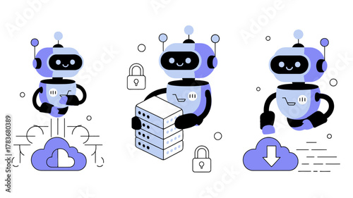 Three cute cartoon robots illustrating cloud computing concepts like data storage security and downloading with digital elements and a clean white background