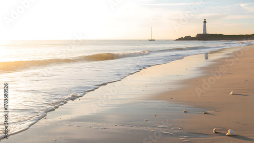 Lighthouse on rocky shore with sailboat and gentle ocean waves at sunrise beach