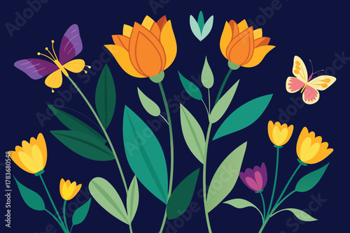 Vibrant spring floral arrangement featuring blooming orange and yellow tulips alongside delicate purple and pink buds with whimsical butterflies fluttering amongst the lush green foliage against a dee